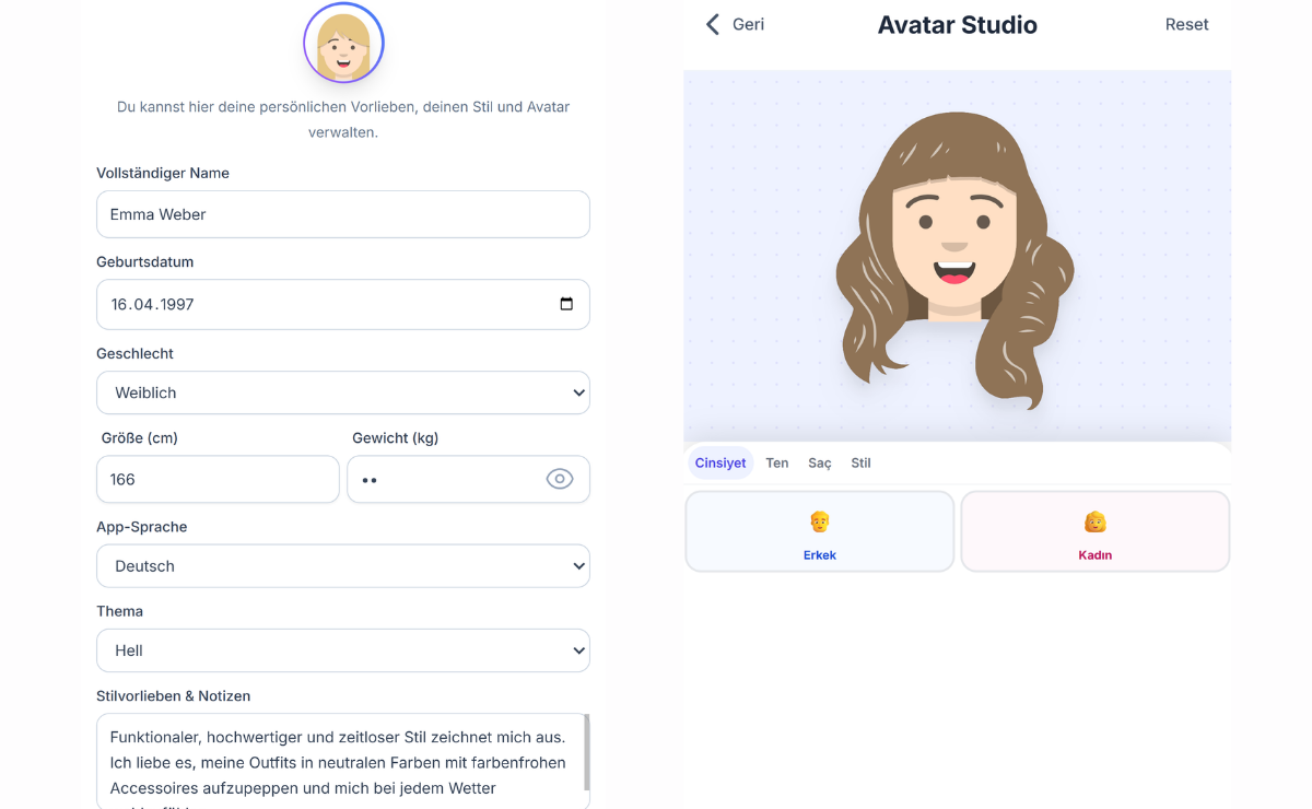 Profileinstellungen Bildschirm