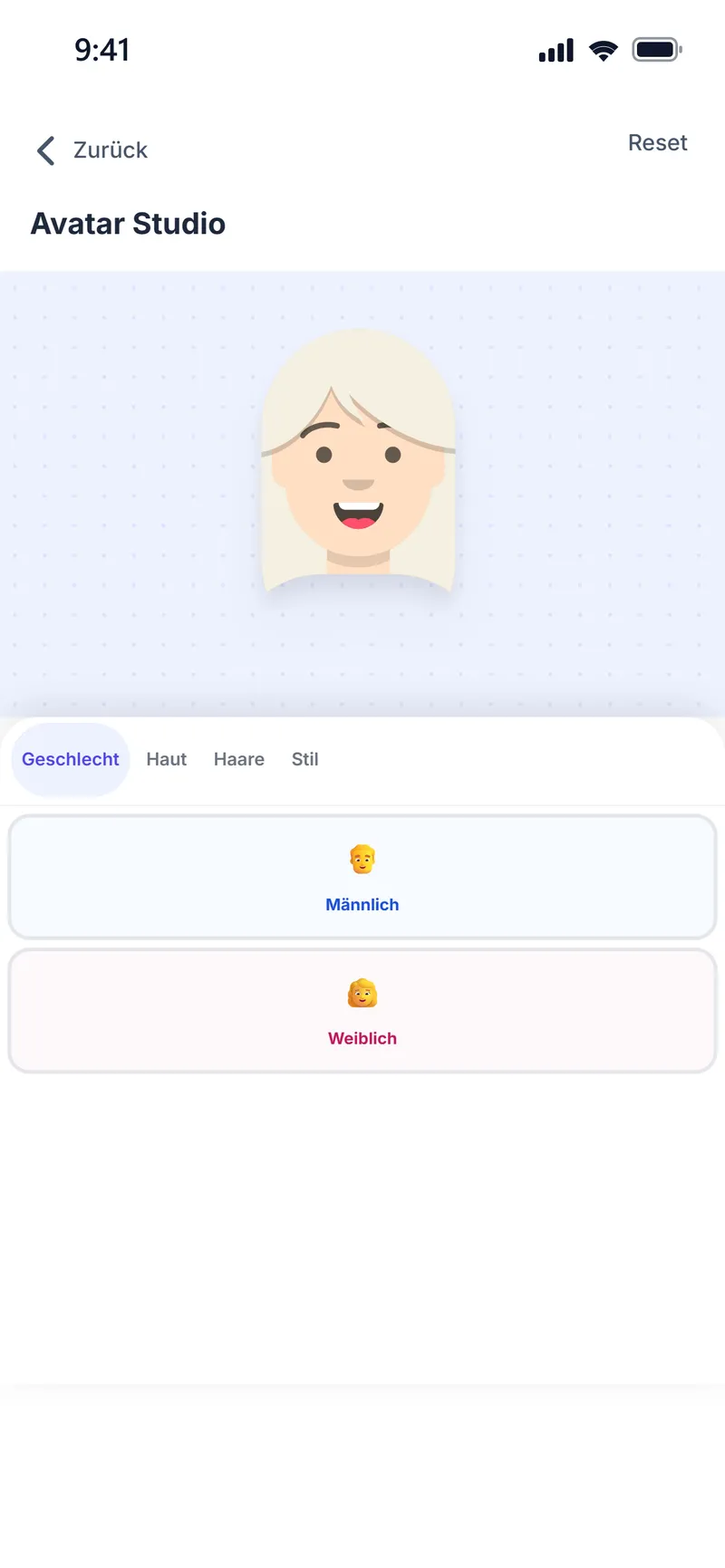 Avatar Studio: illustrierter Avatar mit Geschlechtsauswahl