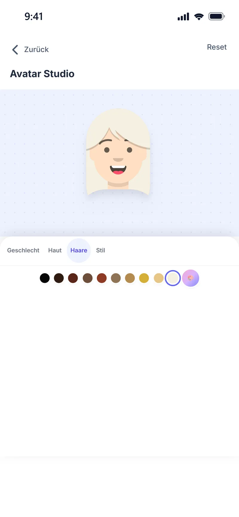 Avatar Studio: Auswahl der Haarfarbe