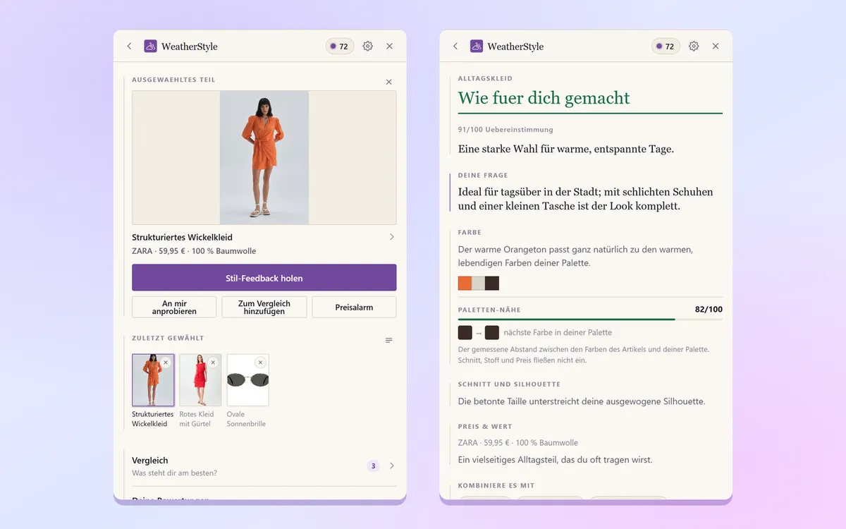Panel der Chrome-Erweiterung: ein ausgewähltes Kleid, der Button für den Stilcheck und die KI-Einschätzung