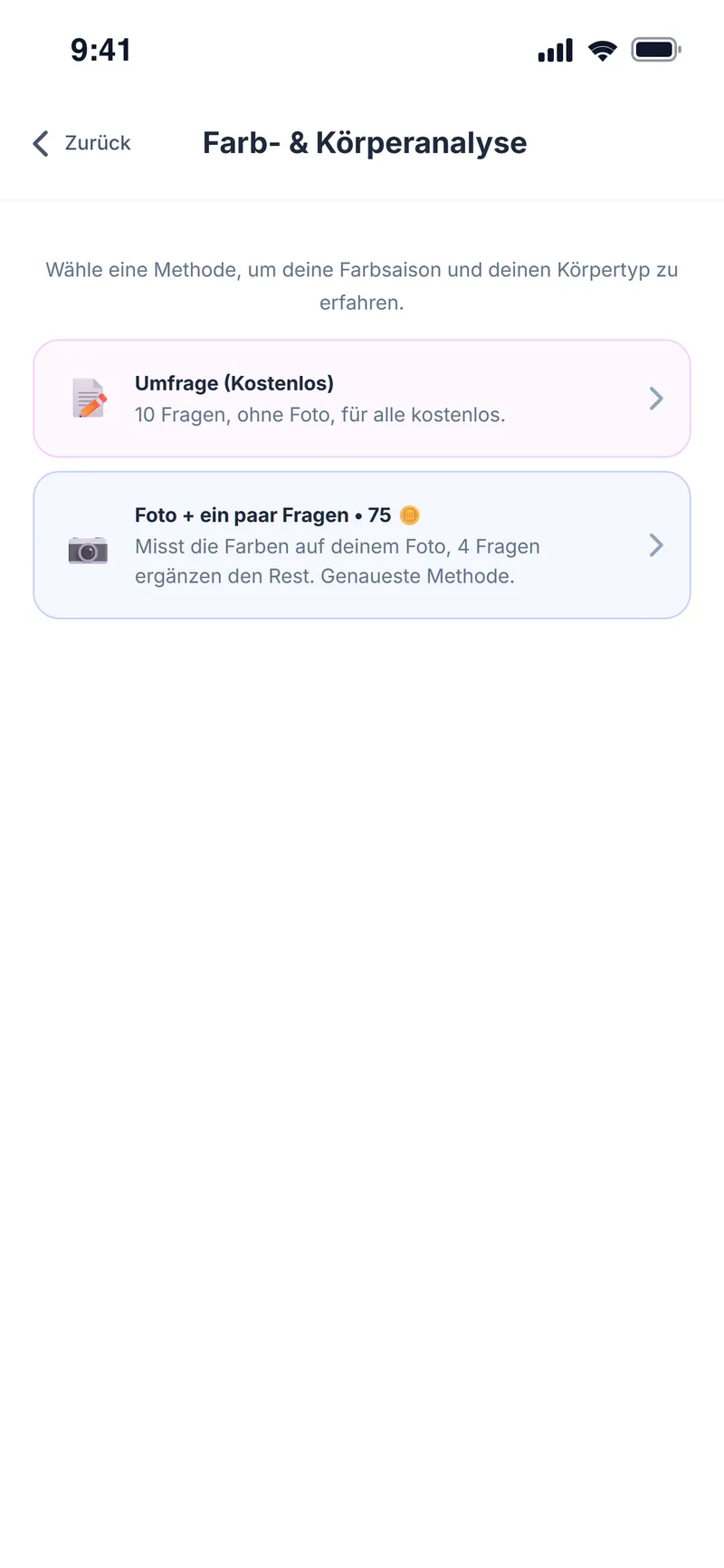 Farb- & Körperanalyse: Methode wählen, kostenlose Umfrage oder Foto mit wenigen Fragen