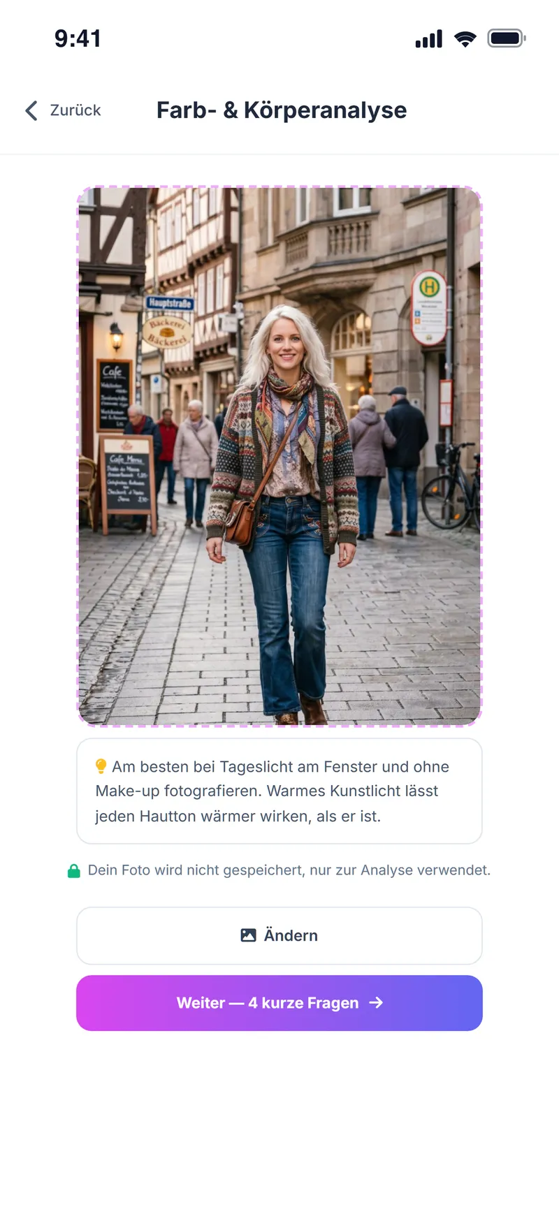 Foto-Schritt der Farbanalyse mit Lichttipps; das Foto wird nicht gespeichert