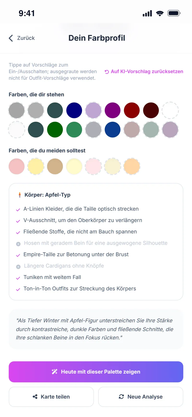 Körpertyp-Ergebnis: Apfel-Typ mit empfohlenen Schnitten und Button „Heute mit dieser Palette zeigen“