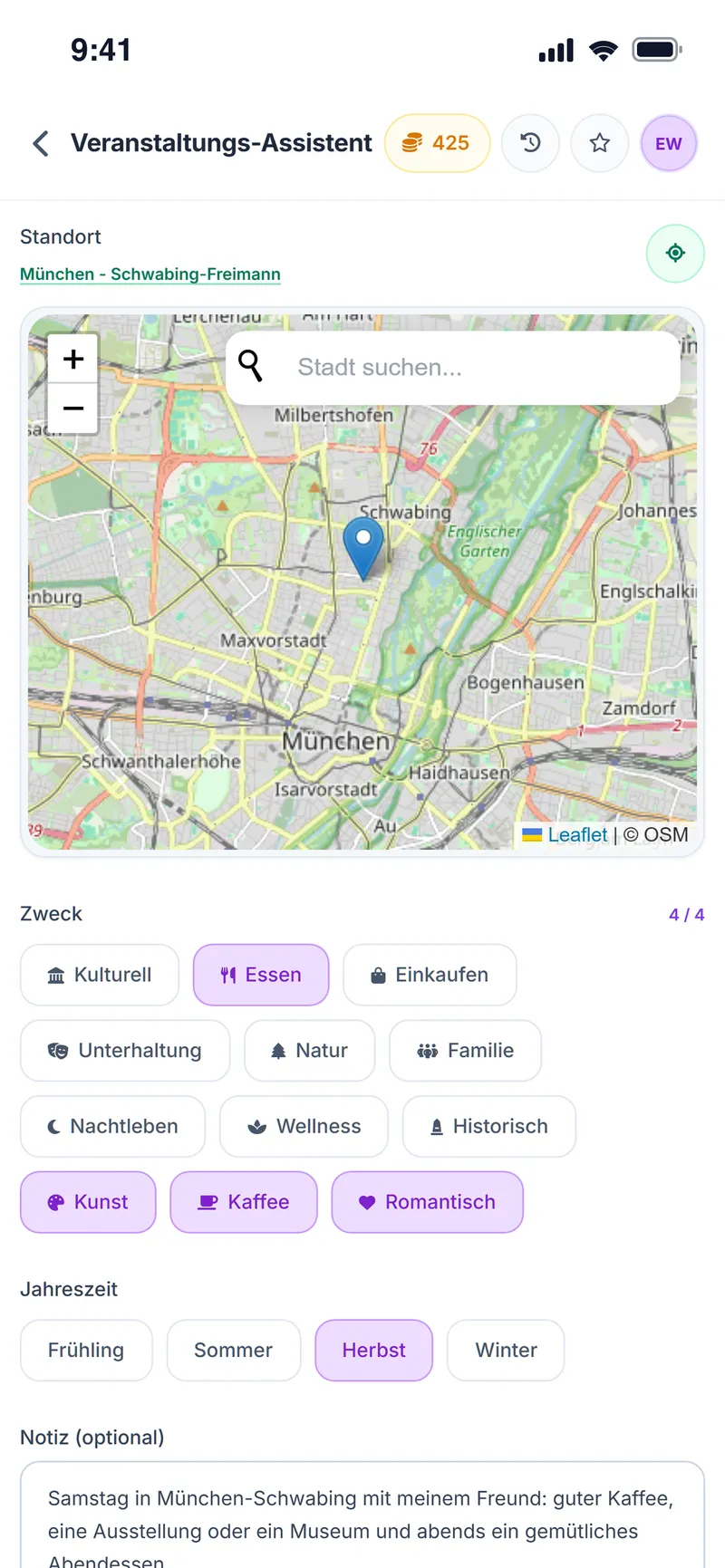 Veranstaltungs-Assistent: Karte von München-Schwabing, Zwecke (Essen, Kunst, Kaffee, romantisch), Jahreszeit und Notiz für einen Samstag