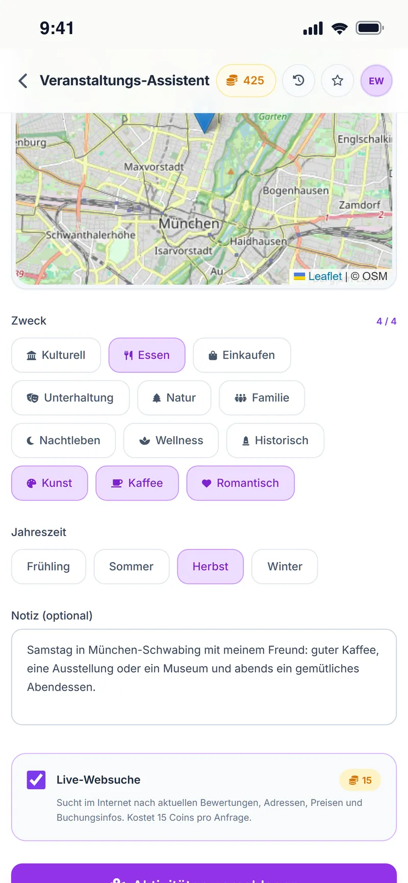 Veranstaltungs-Assistent: Option Live-Websuche für aktuelle Bewertungen, Adressen und Preise