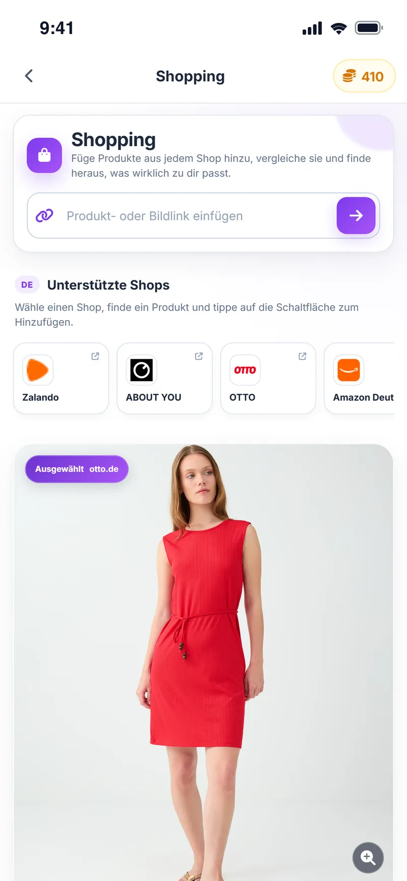 Shopping-Screen: Feld zum Einfügen eines Links, unterstützte Shops (Zalando, ABOUT YOU, OTTO, Amazon Deutschland) und ein rotes Kleid von OTTO