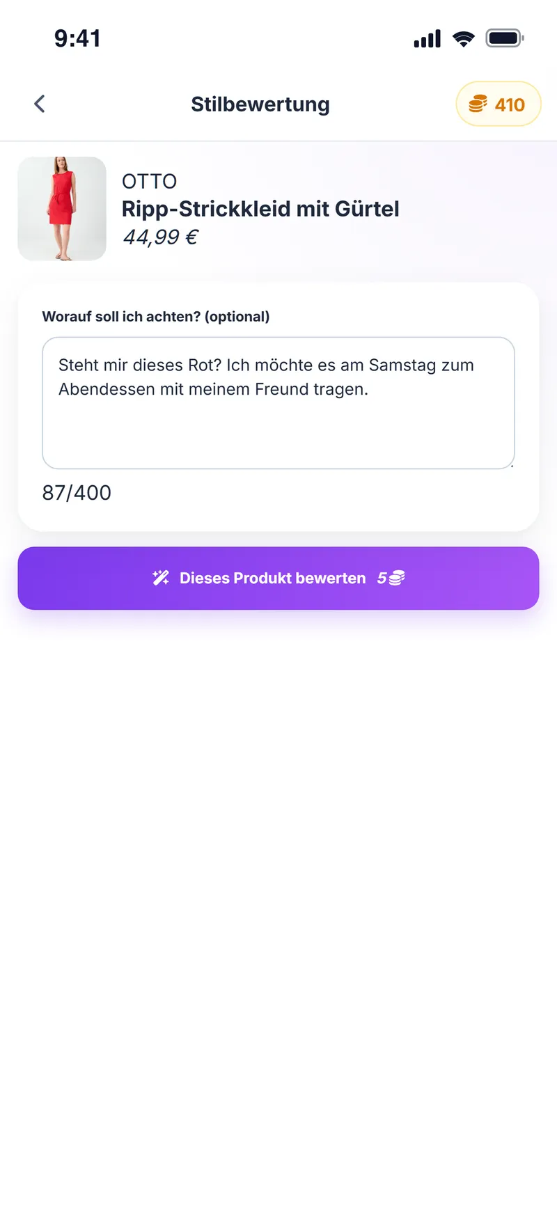 Stilbewertung: Frage, ob dir das Rot eines Ripp-Strickkleids mit Gürtel von OTTO für ein Abendessen am Samstag steht