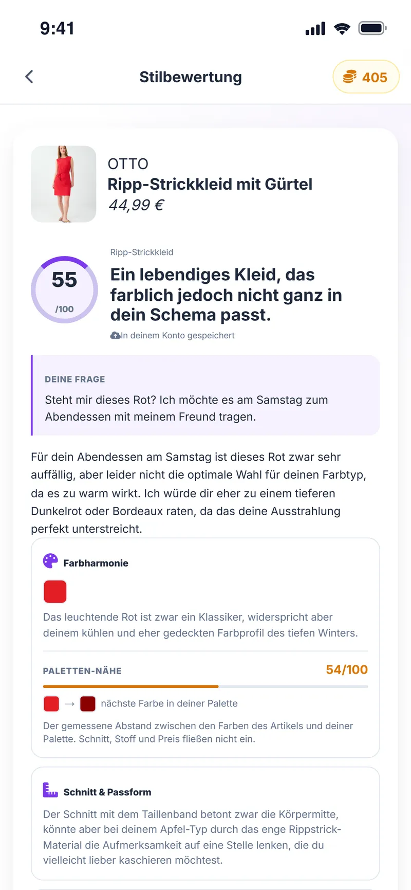 KI-Stilbewertung: Score 55/100, Farbharmonie, Nähe zur Farbpalette sowie Hinweise zu Schnitt und Passform