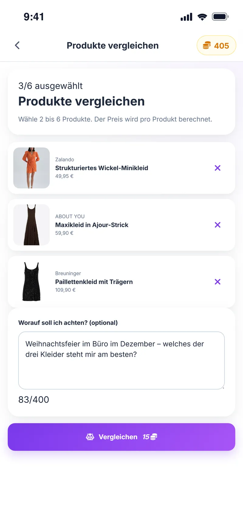 Produkte vergleichen: drei ausgewählte Kleider und eine Frage für den Vergleich