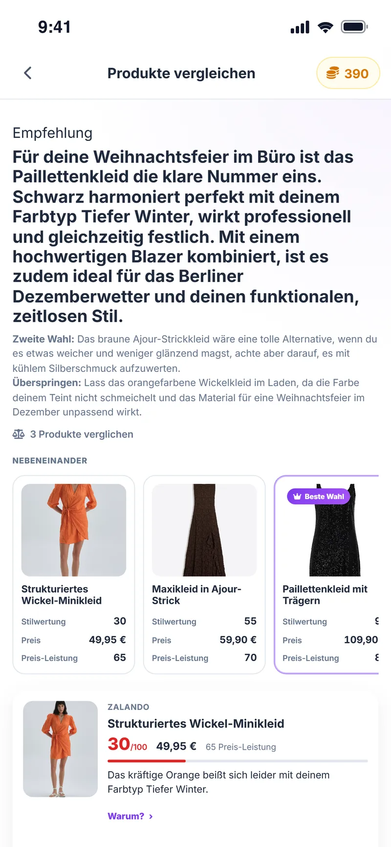 Vergleichsergebnis: die empfohlene Wahl, eine Alternative und die Scores nebeneinander