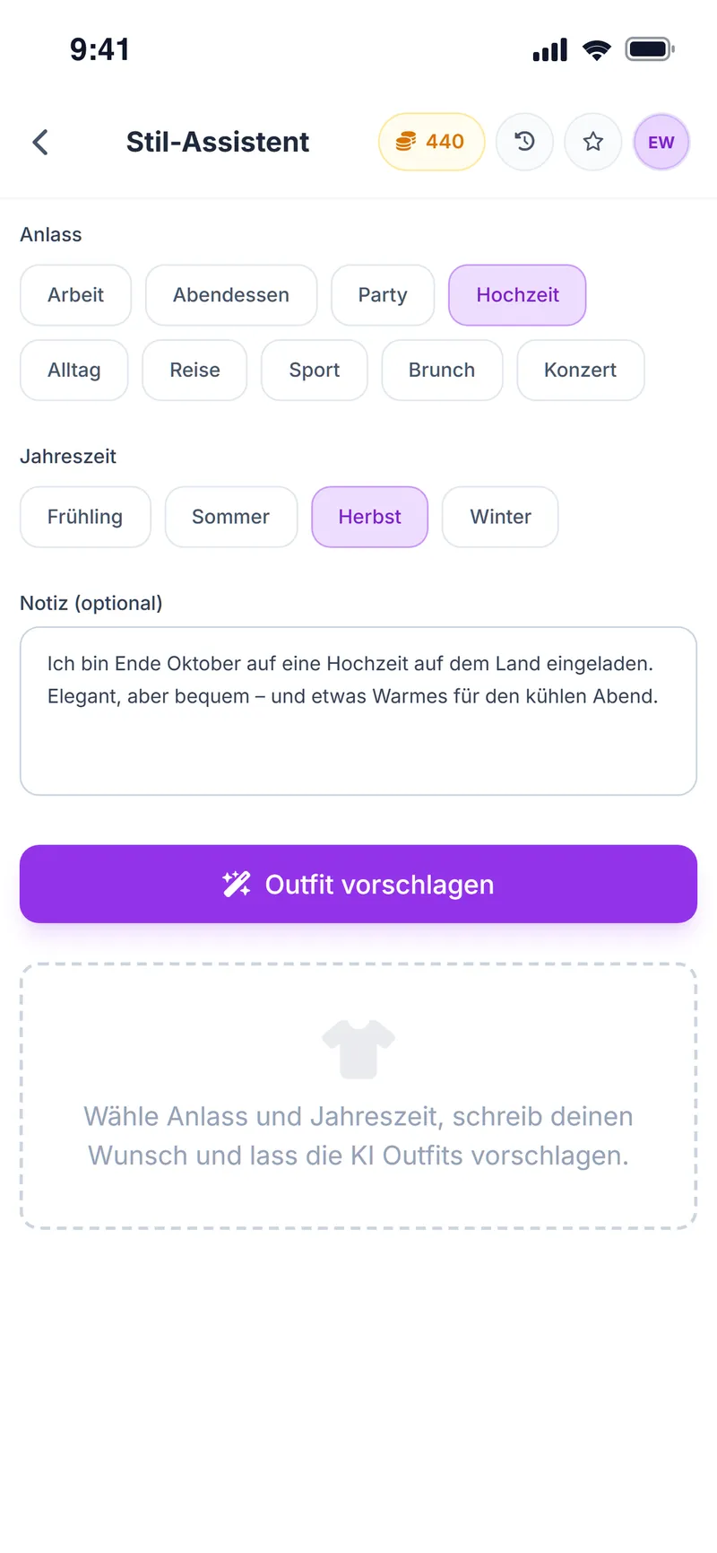 Stil-Assistent: Anlass Hochzeit, Jahreszeit Herbst und eine Notiz zu einer Hochzeit auf dem Land