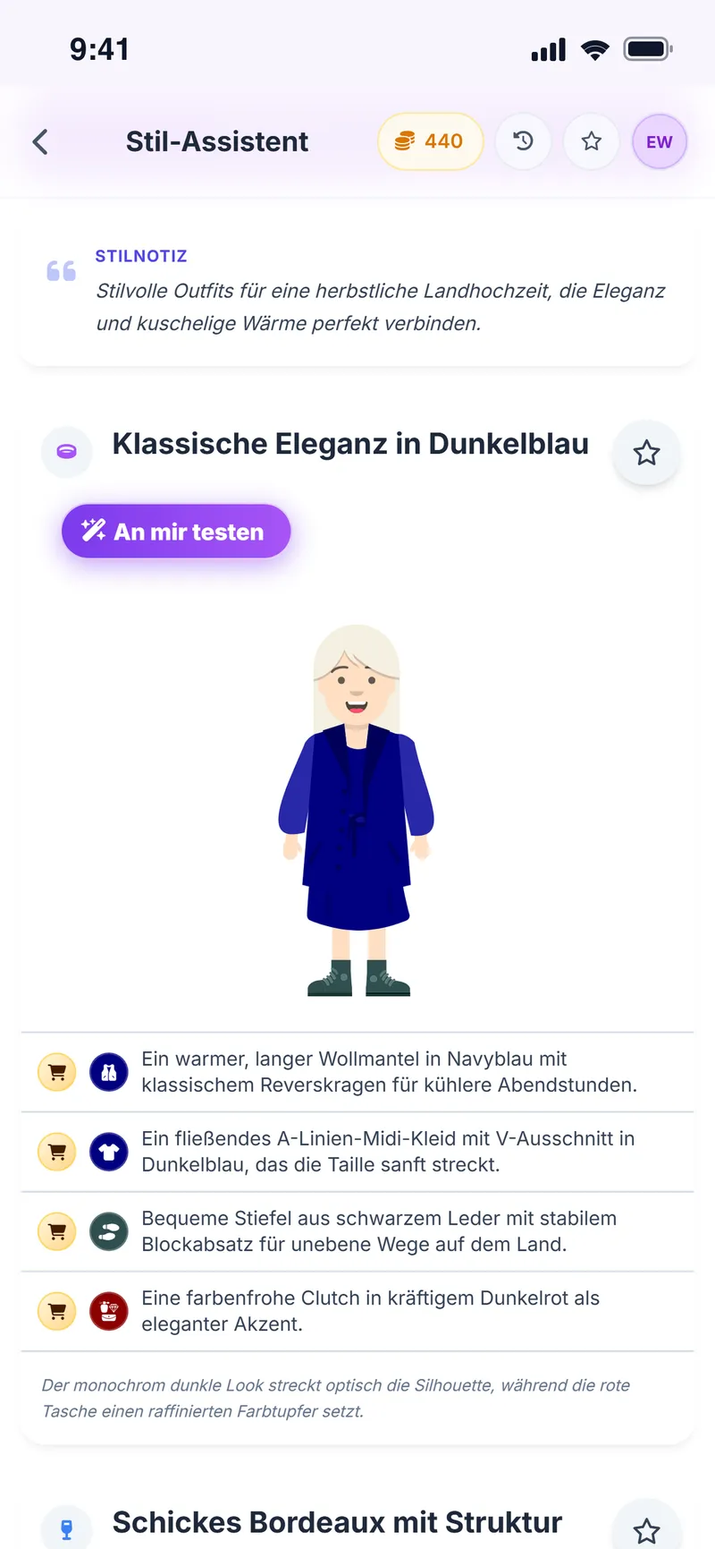 Outfit-Vorschlag für eine Hochzeitsgästin auf dem Avatar, mit Stilnotiz und Teileliste