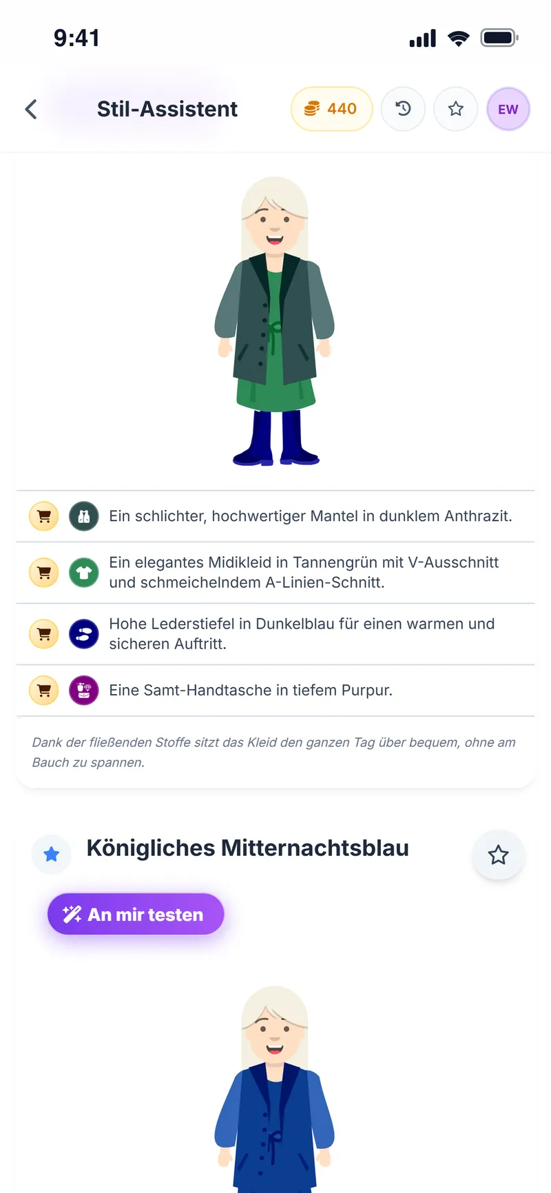 Alternatives Outfit mit Details zu jedem Teil, passend zu Figur und Farbpalette