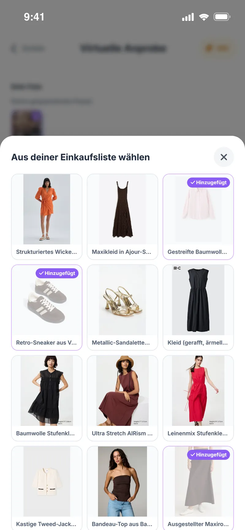 Virtuelle Anprobe: Teile aus der gespeicherten Einkaufsliste auswählen