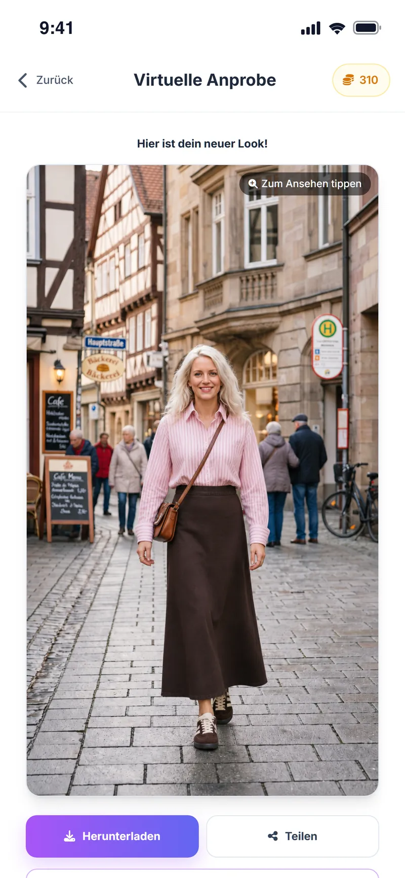Ergebnis der virtuellen Anprobe: rosa gestreifte Bluse und brauner Maxirock auf dem Foto der Nutzerin in einer Altstadtgasse