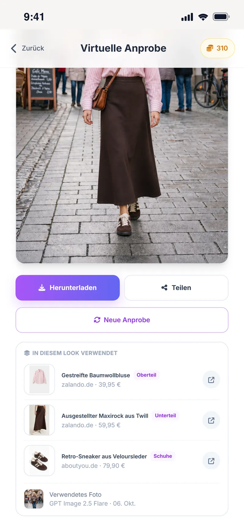 Anprobe-Ergebnis mit der Liste der im Look verwendeten Teile und ihren Shops