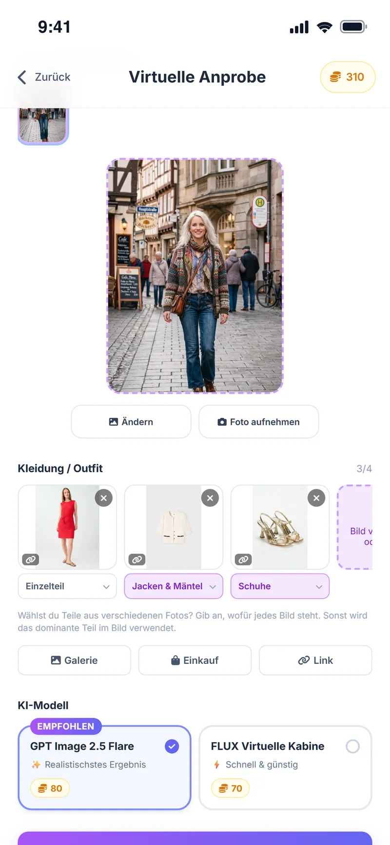 Virtuelle Anprobe: rotes Kleid, helle Tweed-Jacke und Sandalen, bereit für ein Abendessen
