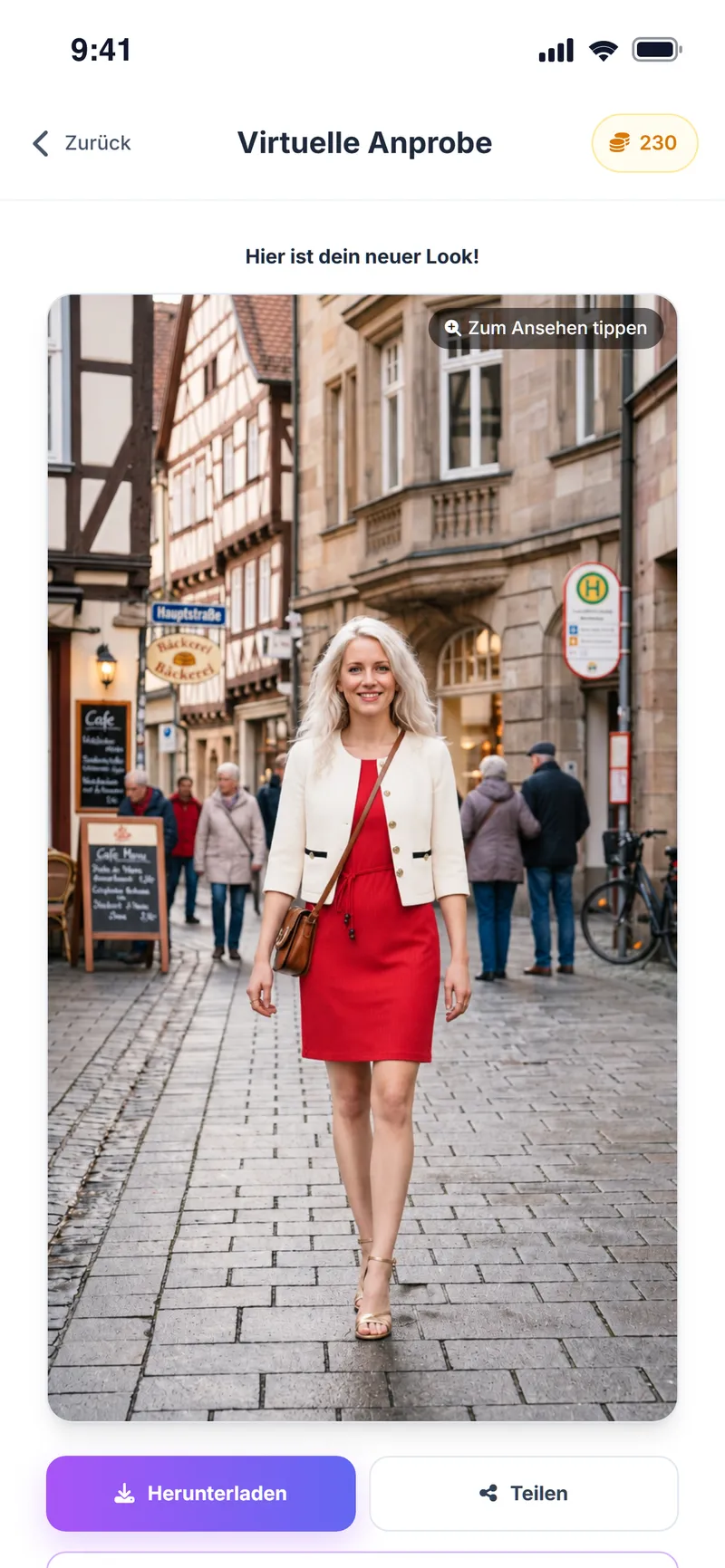 Ergebnis der virtuellen Anprobe: rotes Kleid und helle Tweed-Jacke auf dem Foto der Nutzerin