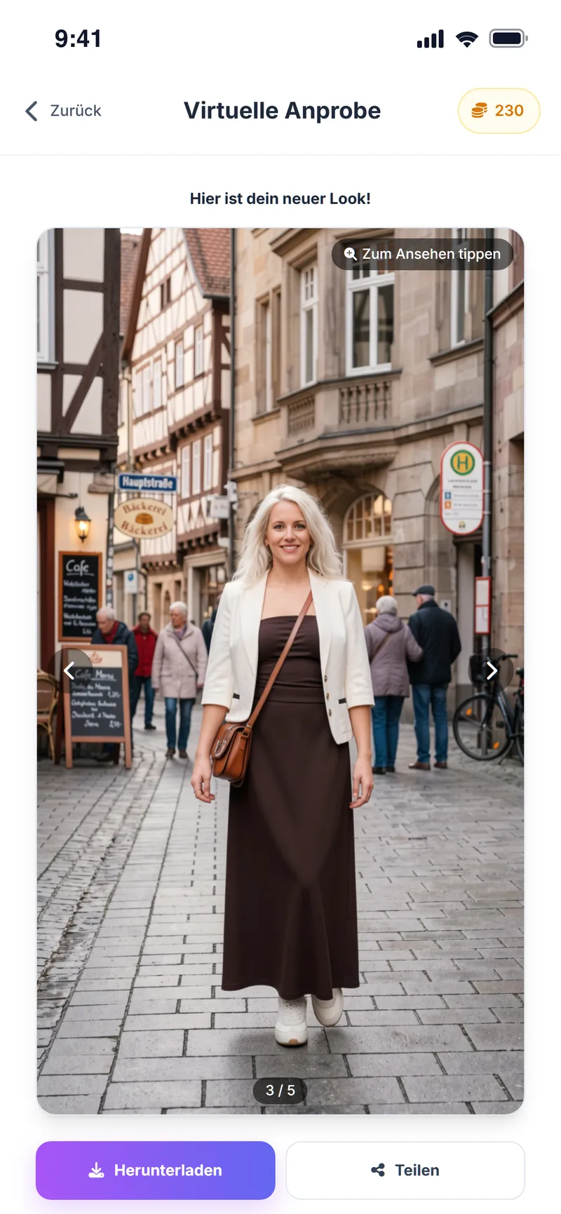 Frühere Anproben: weiße Jacke und braunes Kleid in der Galerie der virtuellen Anprobe