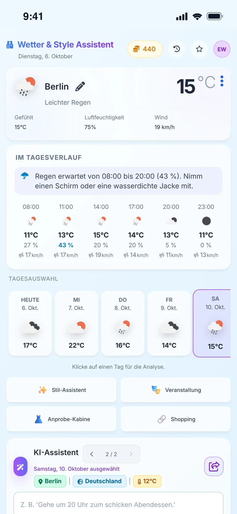 Wetter- & Style-Assistent: Wetter in Berlin, Temperaturen im Tagesverlauf und Tagesauswahl