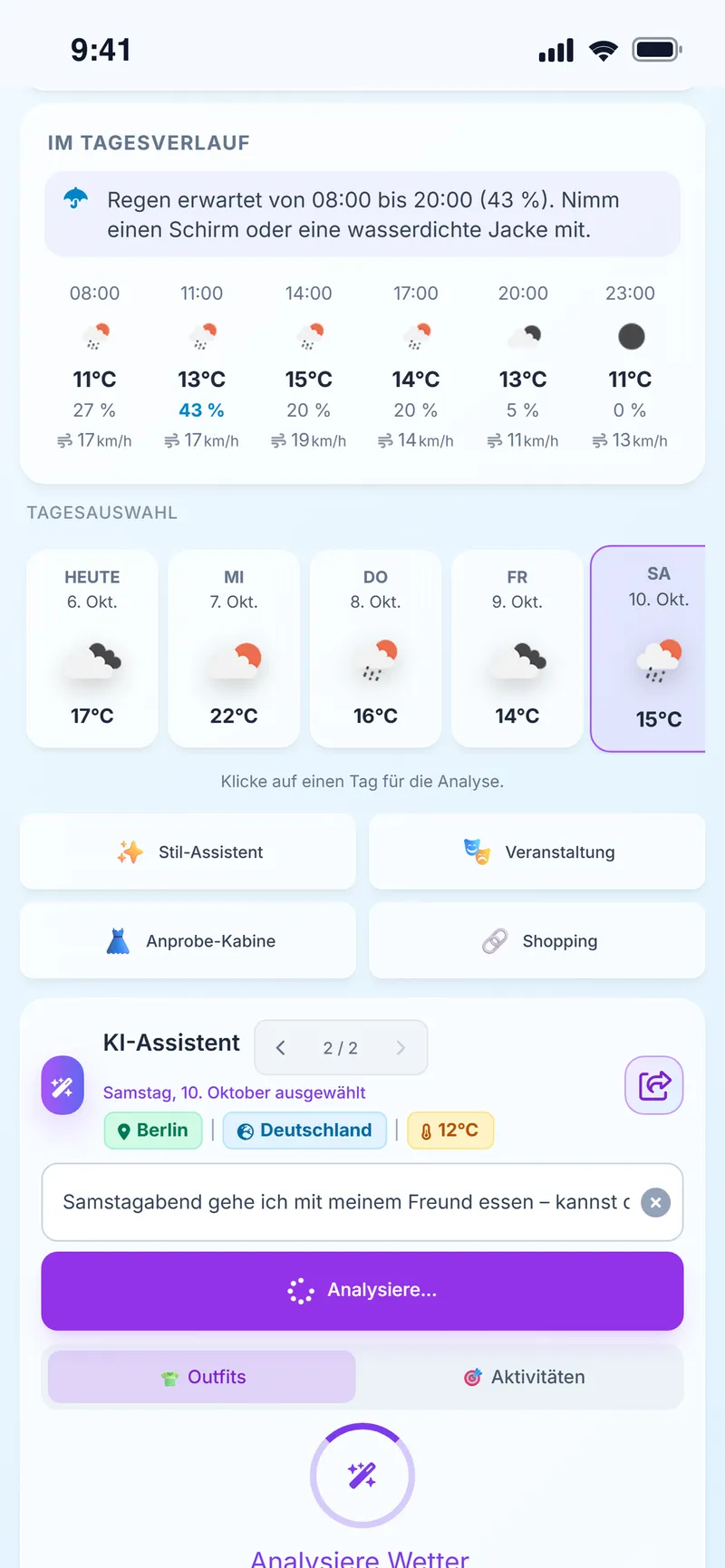 Der KI-Assistent analysiert eine Anfrage für ein Abendessen am Samstag in Berlin