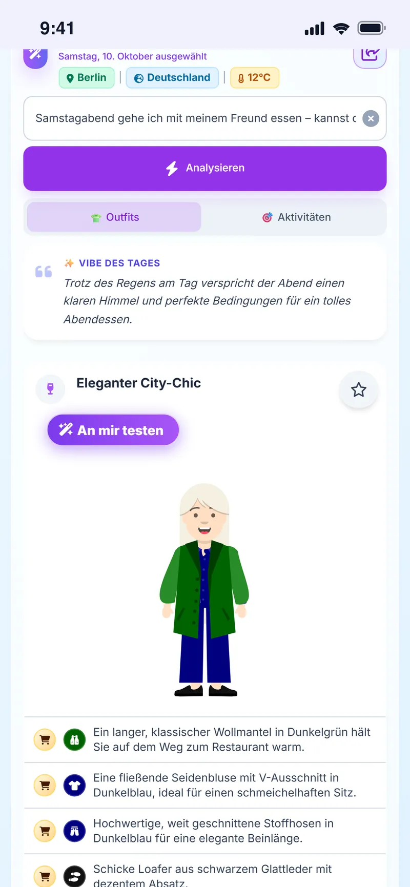Wetterabhängiger Outfit-Vorschlag auf dem Avatar mit Vibe des Tages und Teileliste