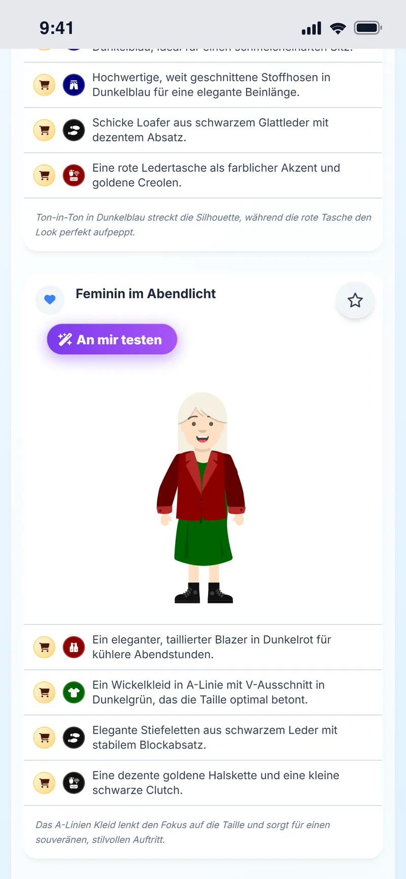 Weiterer Outfit-Vorschlag für denselben Abend, auf dem Avatar und mit seinen Teilen