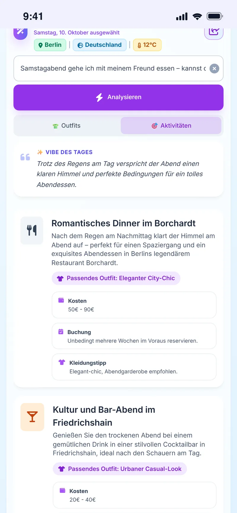 Vorgeschlagene Aktivitäten für den Abend in Berlin: romantisches Dinner mit Kosten, Reservierung und Kleidungstipp