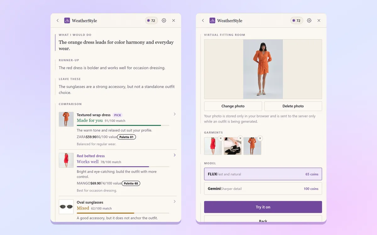 Chrome extension: comparison of three products and the virtual try-on panel