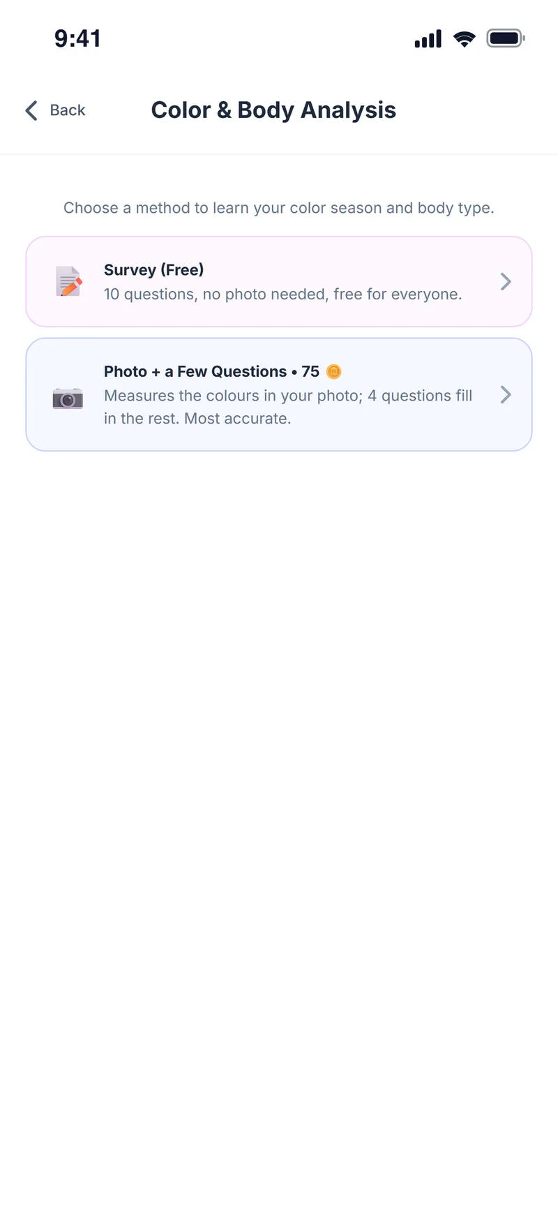 Color & Body Analysis: choose the free survey or the photo method