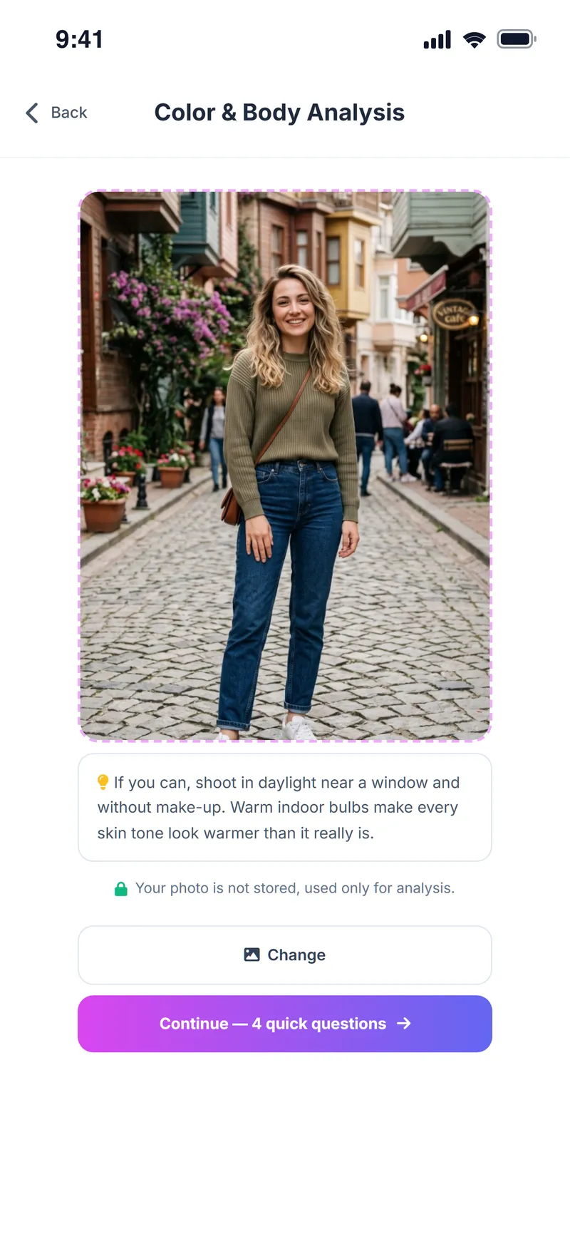 Color analysis photo step with lighting tips; the photo is not stored