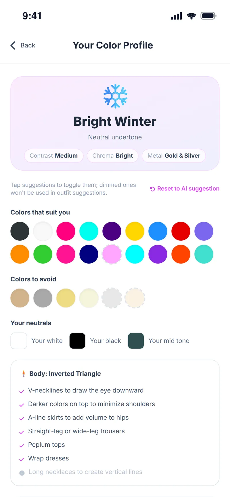 Color profile: Bright Winter season, colors that suit you, colors to avoid and neutrals