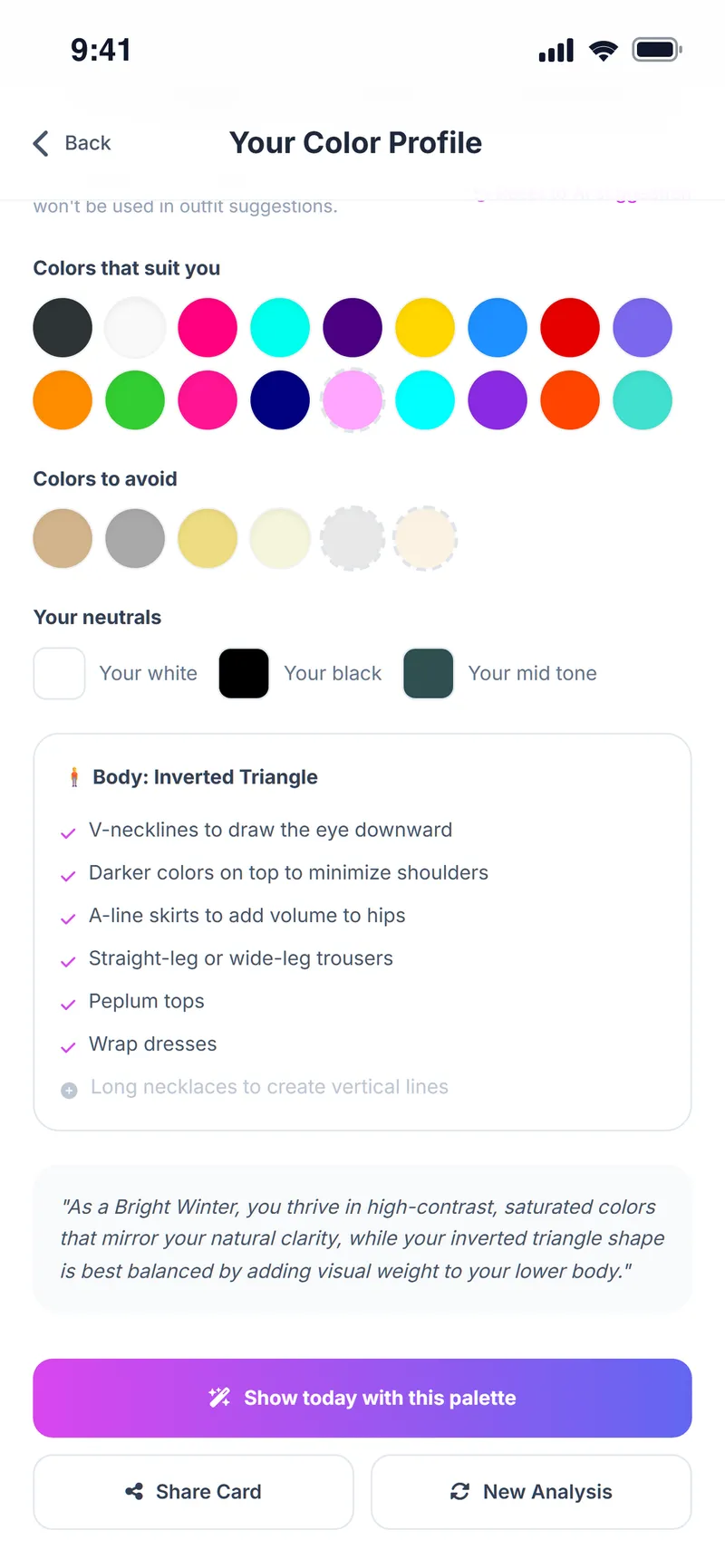 Body type result: inverted triangle with recommended cuts and the palette summary