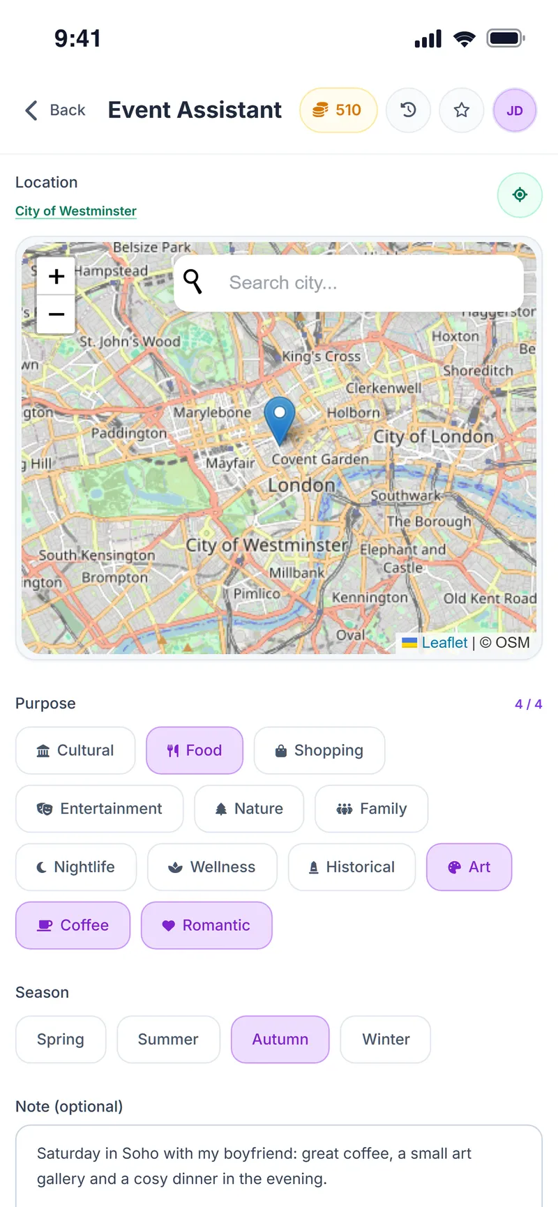 Event Assistant: London map, four purposes, season and a note for a Saturday in Soho