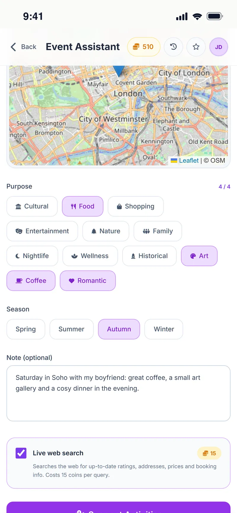 Event Assistant: live web search option for up-to-date ratings, addresses and prices