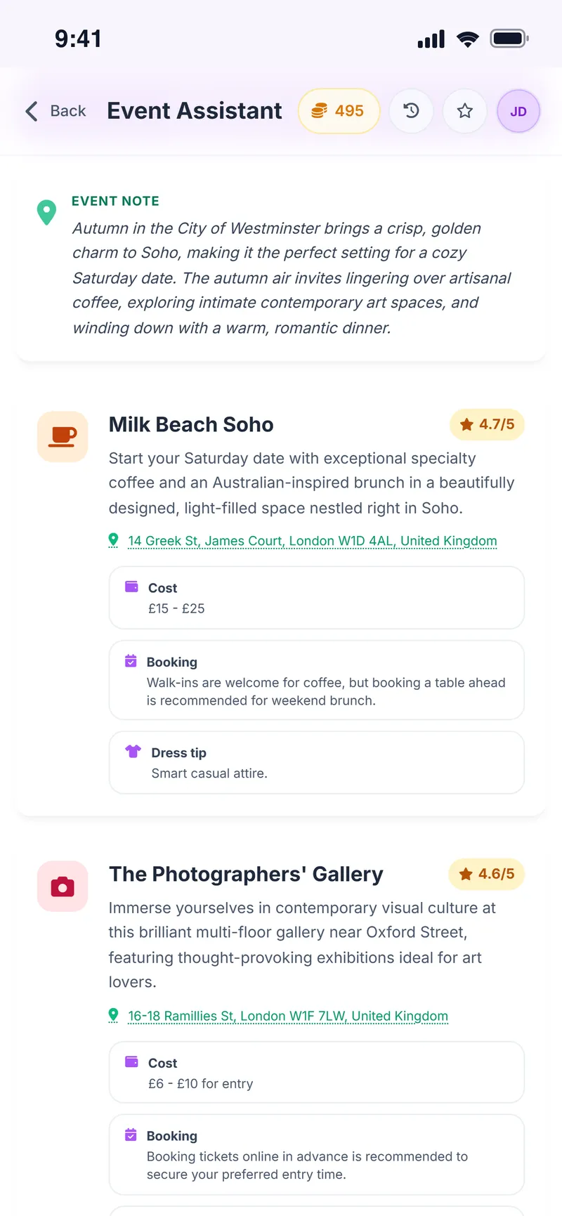 Real venue suggestions in Soho with rating, address, cost, booking and dress tip