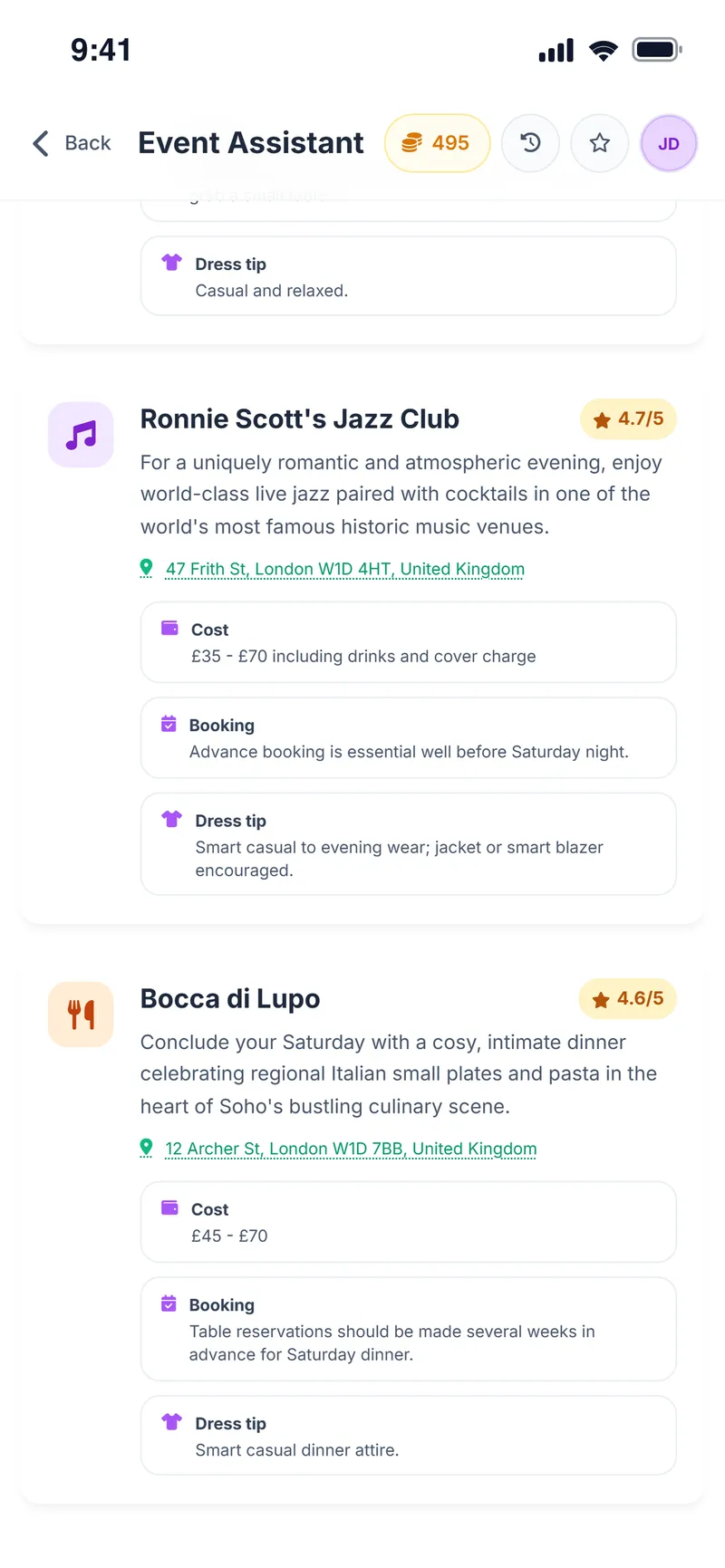 Venue cards for a jazz club and a dinner spot with addresses and dress tips