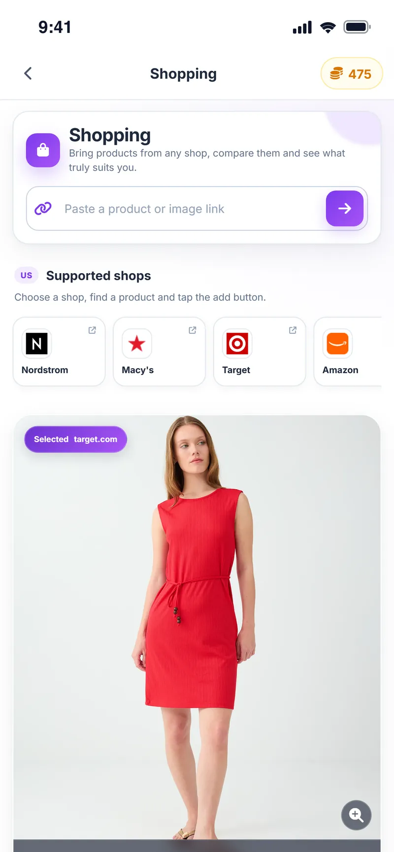 Shopping screen: product link field, supported US shops (Nordstrom, Macy's, Target, Amazon) and a red dress added from Target