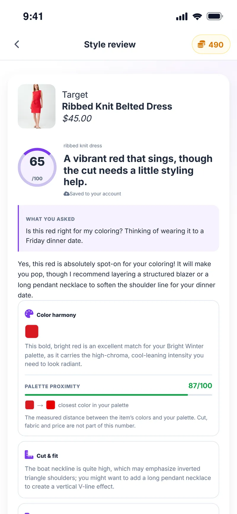 AI style review: a 65/100 match score with color harmony, palette proximity and cut & fit notes