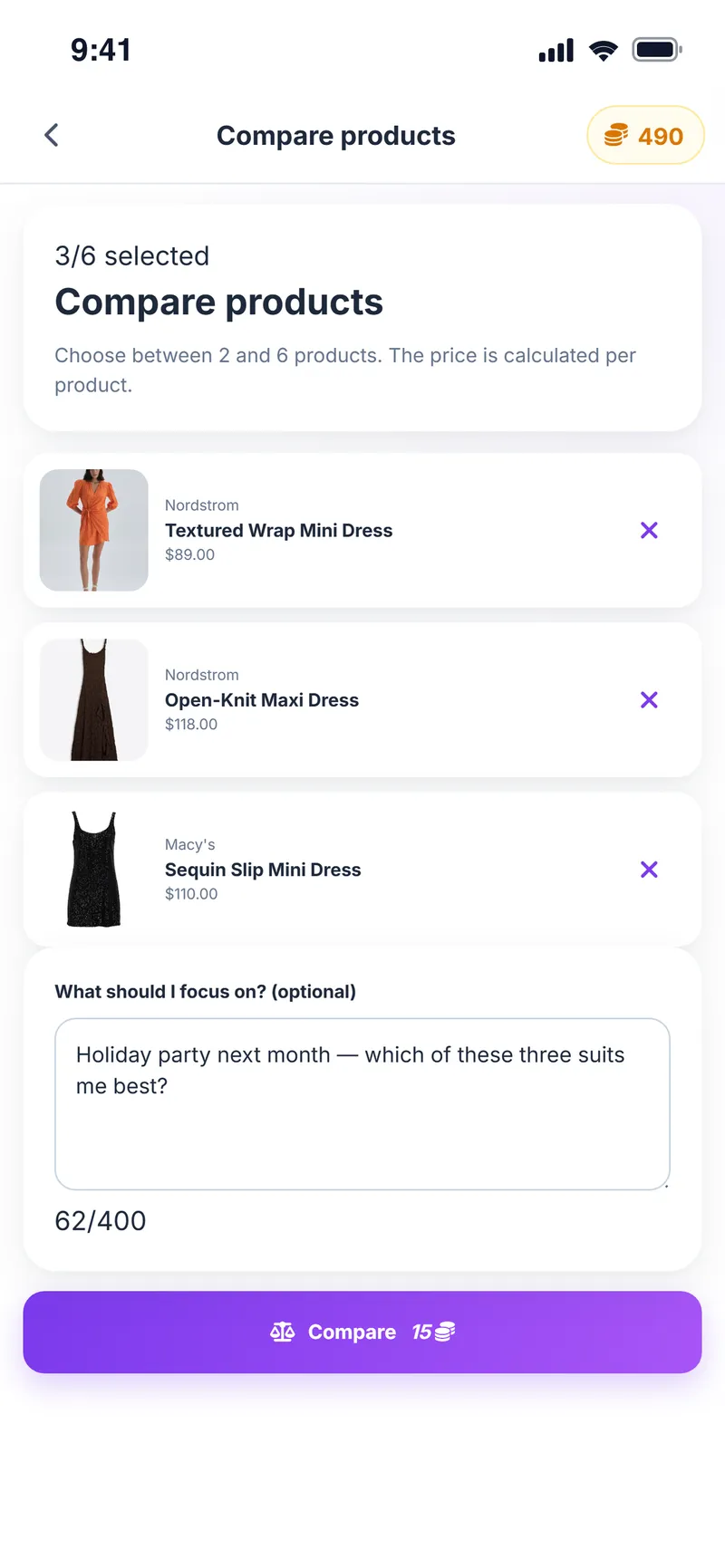 Compare products: three dresses from Nordstrom and Macy's selected, with a question for the comparison
