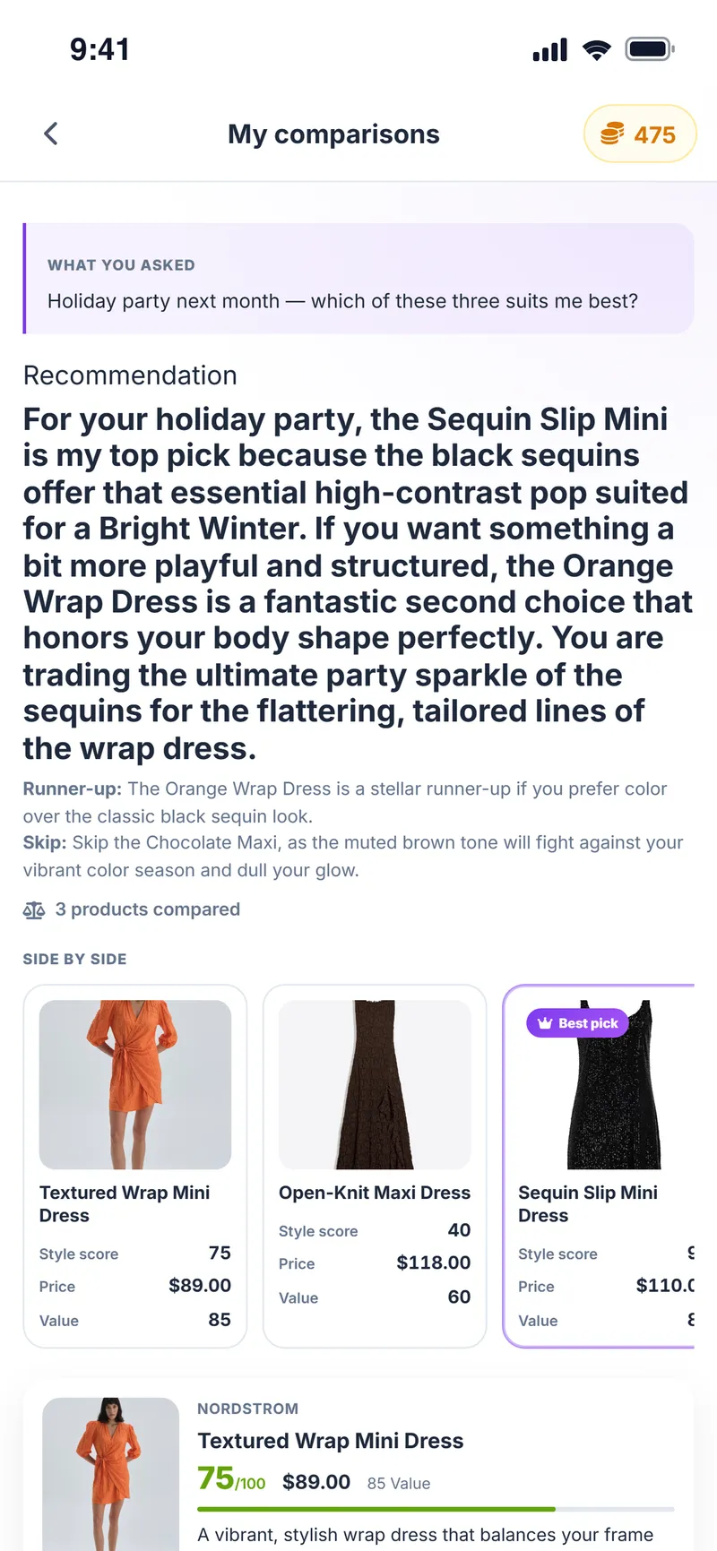 Comparison result: the recommended dress, a runner-up and side-by-side style scores