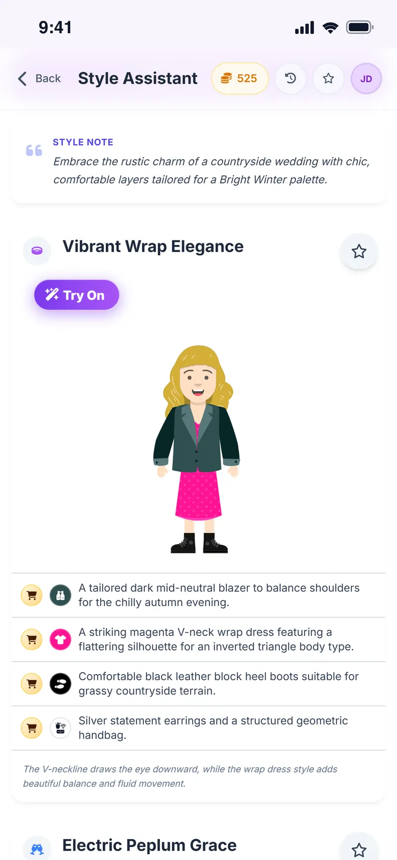 Suggested wedding-guest outfit on the avatar with a style note and list of pieces