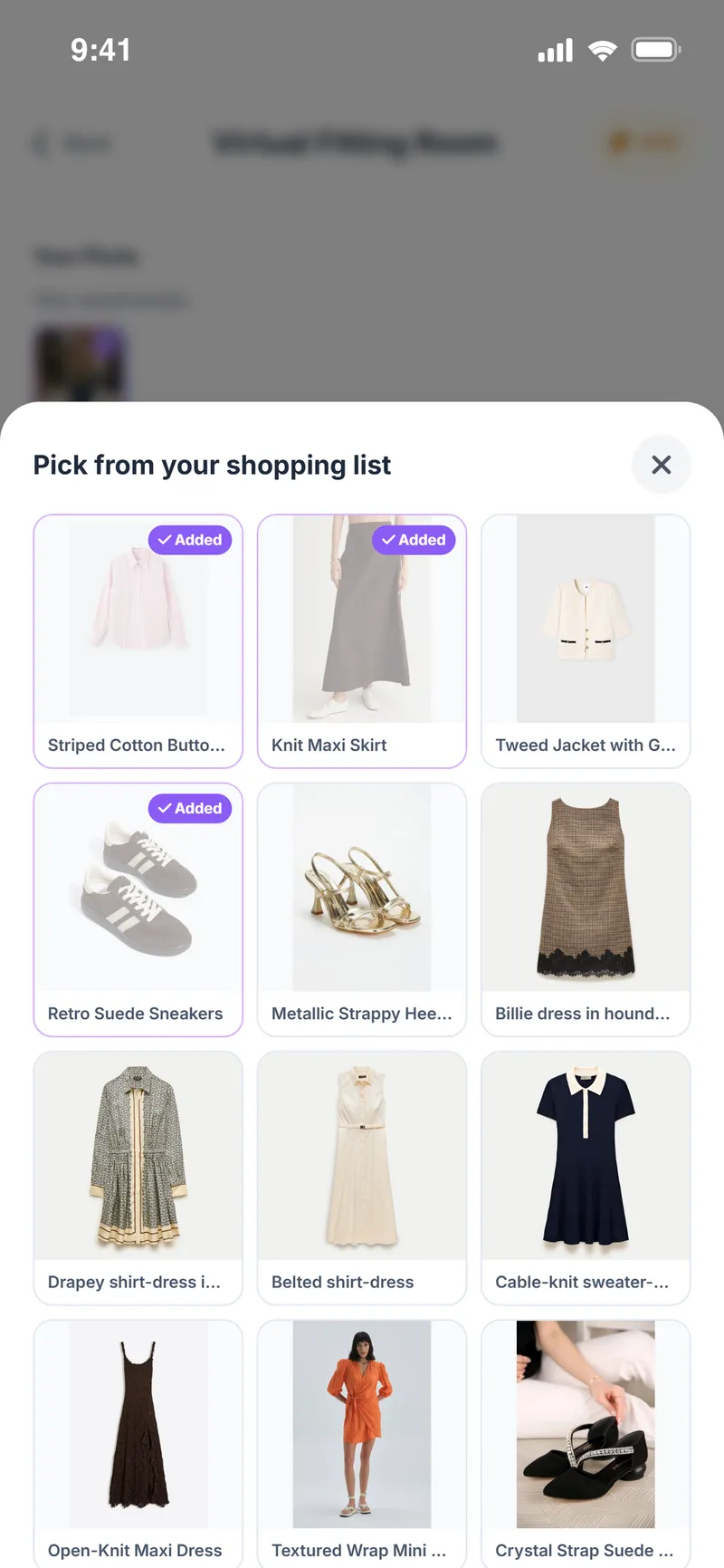 Virtual fitting room: picking garments from the saved shopping list