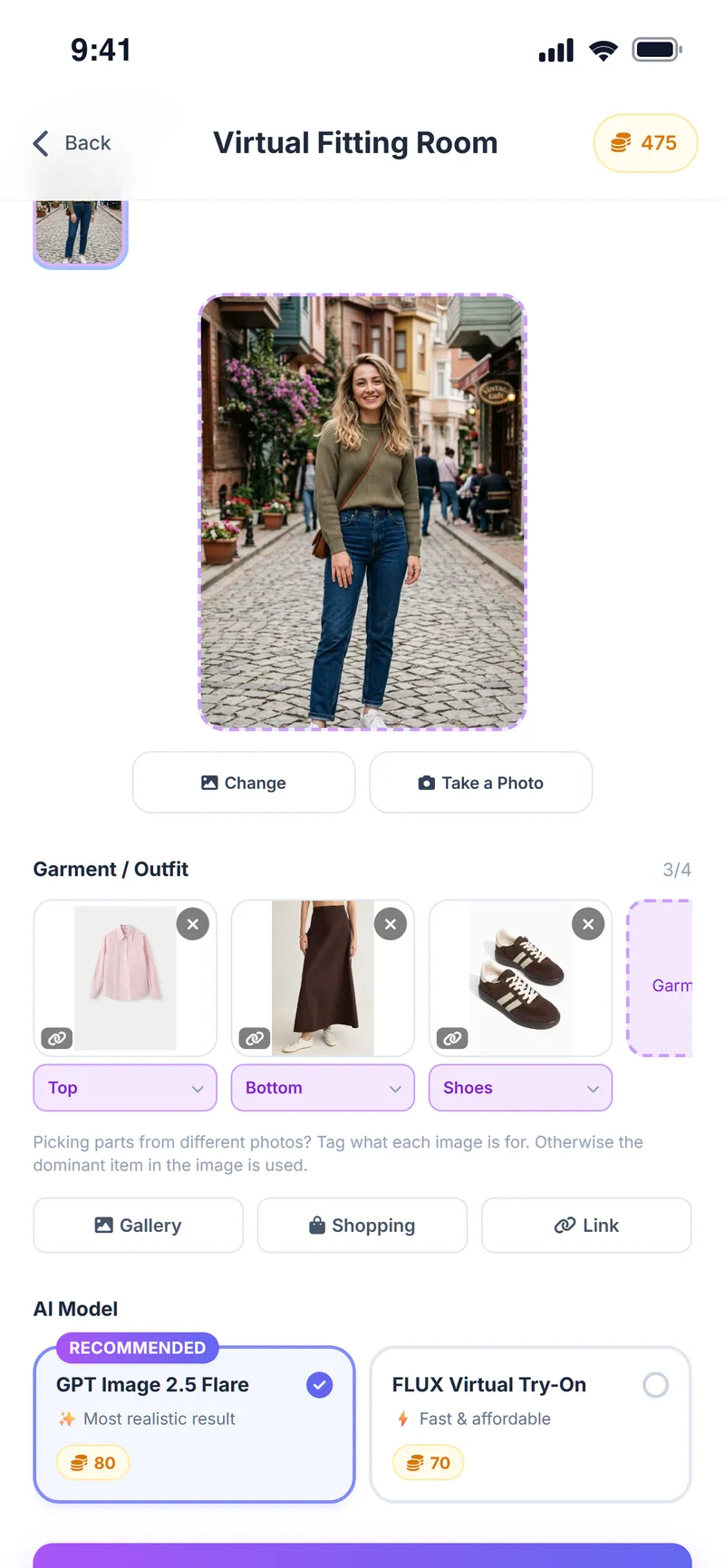 Virtual fitting room: full-body photo with a shirt, skirt and sneakers added and the AI model choice