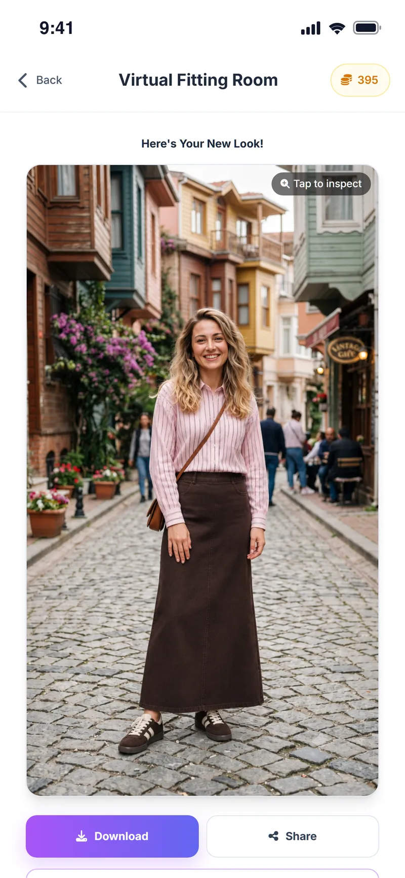 Virtual try-on result: striped shirt and knit maxi skirt on the user's own photo