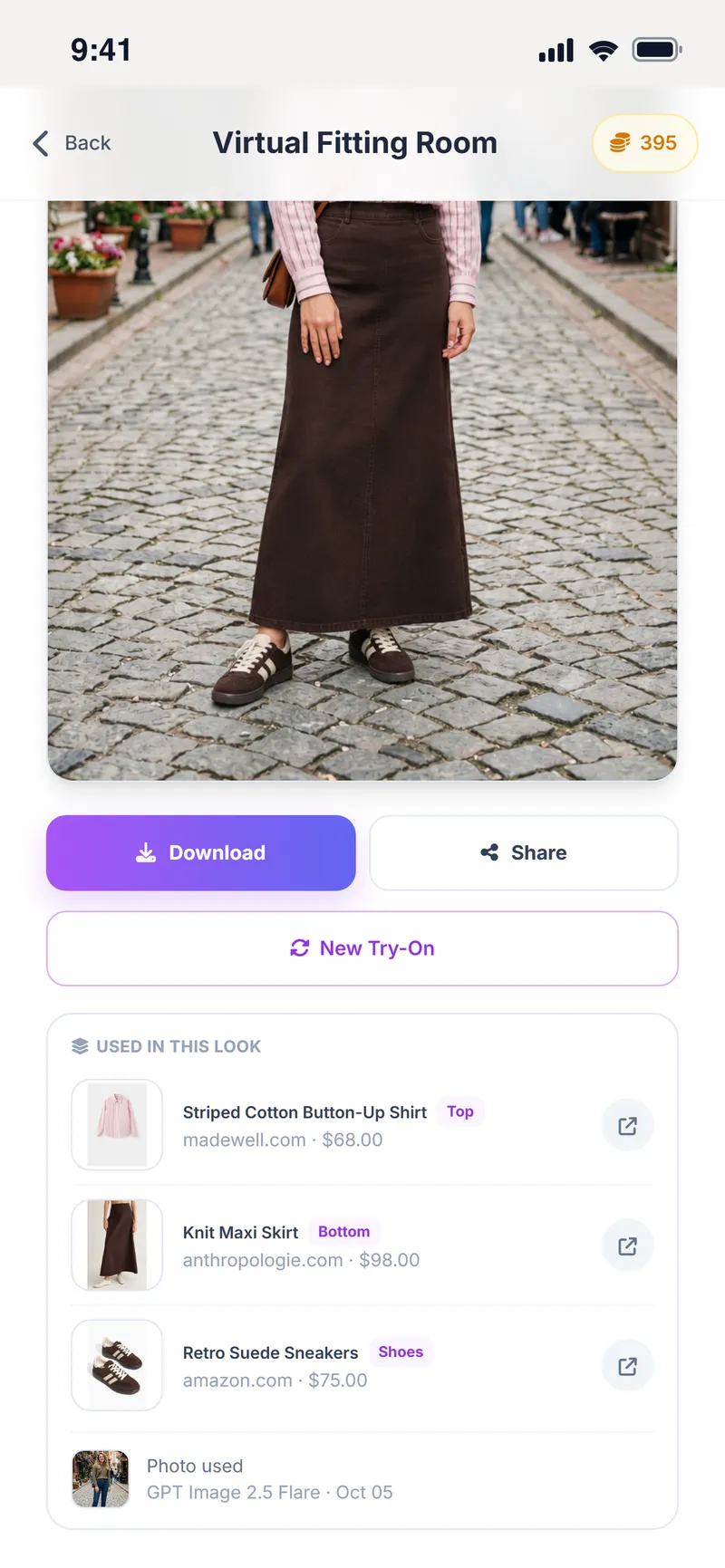 Try-on result with the list of pieces used in the look and their stores
