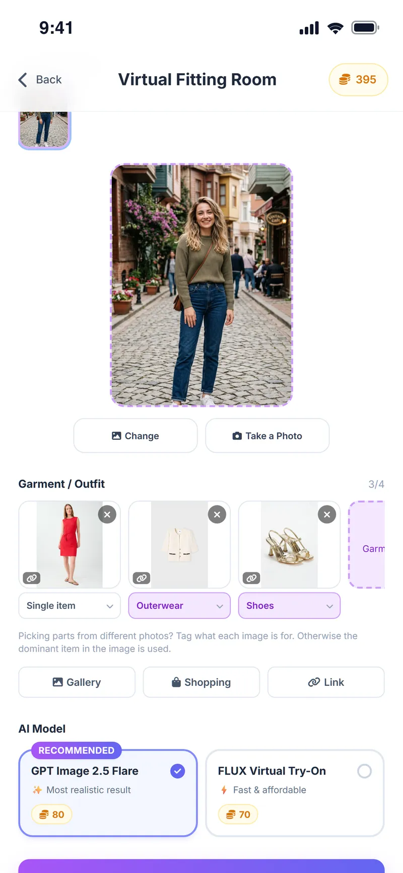 Virtual fitting room: a red dress, cream jacket and heeled sandals set up for a date-night look
