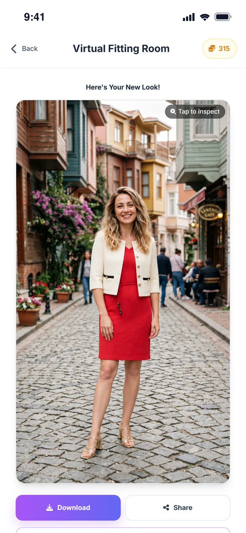 Virtual try-on result: red dress and cream jacket on the user's photo