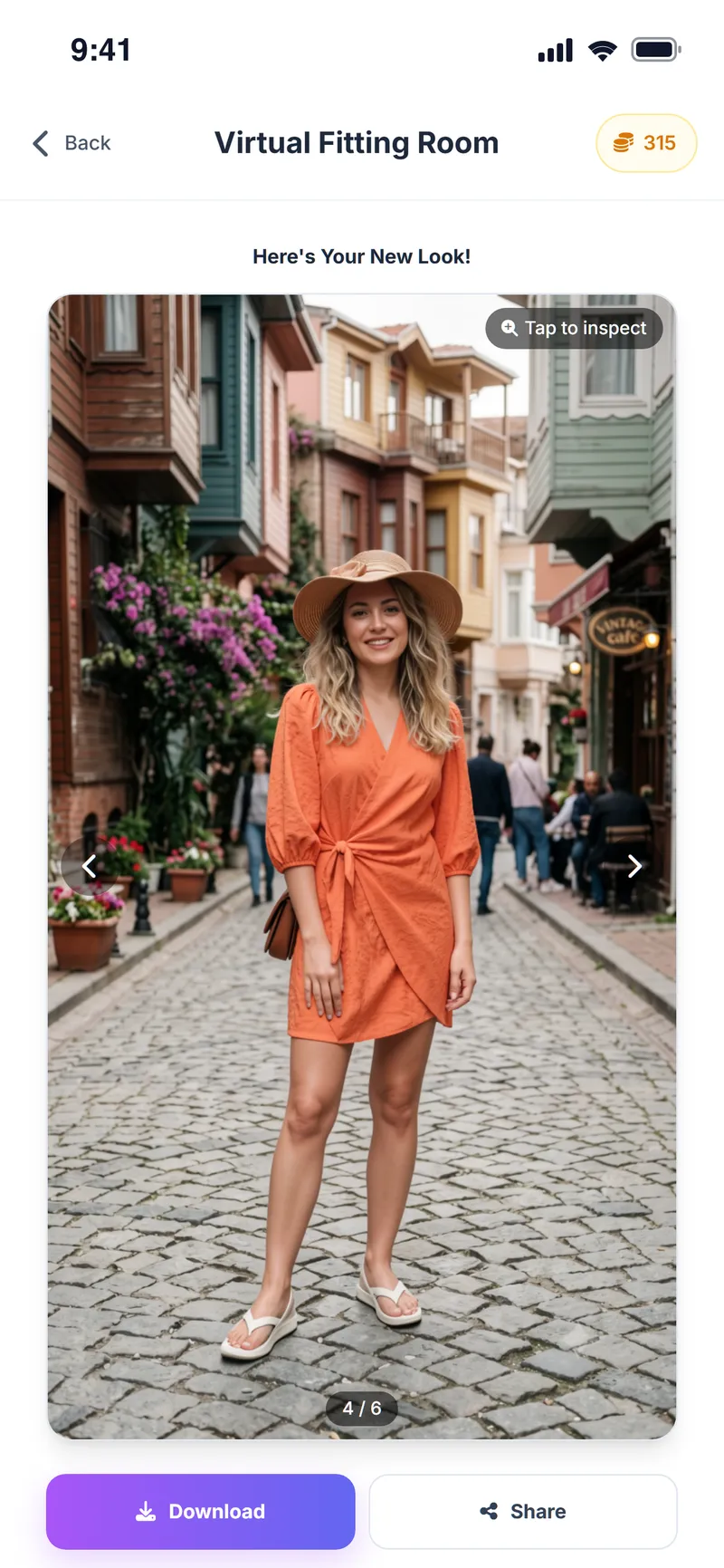 Previous virtual try-ons: an orange dress with a sun hat in the try-on gallery