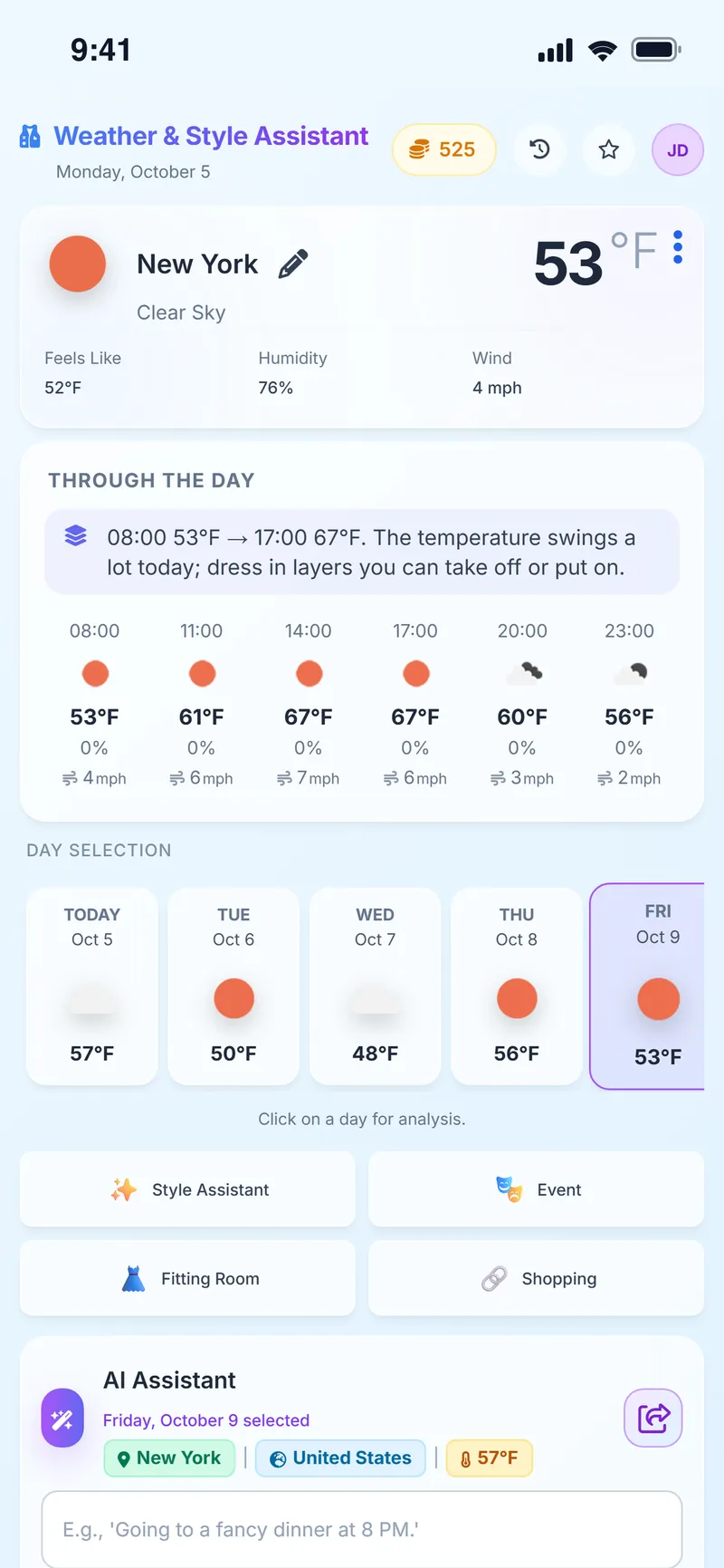 Weather & Style Assistant: New York forecast, hourly temperatures and day selection
